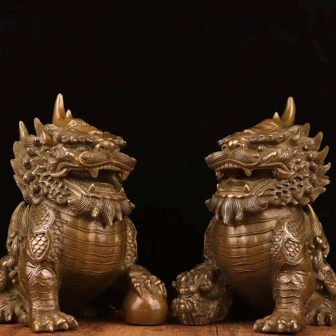仿古铜神兽坐踏宝火麒麟祥瑞麒麟一对摆件家居饰品办公室工艺品纯