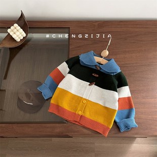翻领针织开衫幸运彩虹可爱活泼条纹纽扣装饰休闲上衣男宝女宝毛衣