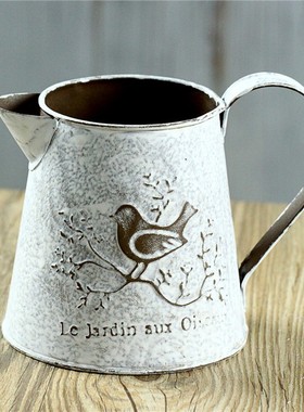 法式乡村铁皮桶干花花器复古做旧铁艺花园花插洒水壶花桶花器摆件