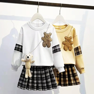 女童秋装两件套2023新款长袖卡通卫衣裙子裙套装儿童公主JK百褶裙