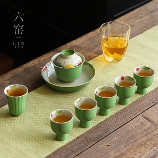 手绘荷绿三才盖碗茶杯家用陶瓷单个小号泡茶器茶碗小清新功夫茶具
