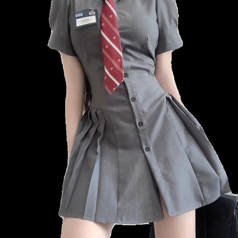 jk制服套装法式收腰显瘦学院风连衣裙夏季女士灰色百褶裙短裙新款