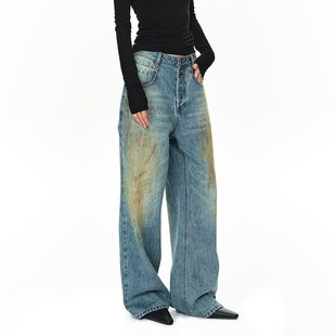 EMPTY PAGE蓝色复古做旧锈斑泥染宽松牛仔裤