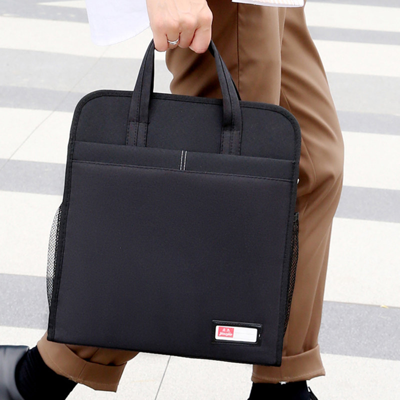 新款手提文件袋公文包防水大容量拉链文件袋手提包加厚黑色时尚商