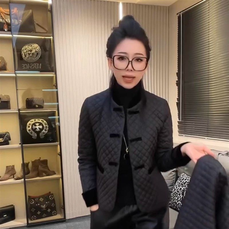 春秋上衣压格棉服菱格高级感上衣服棉服女款简约新中式女装盘扣女
