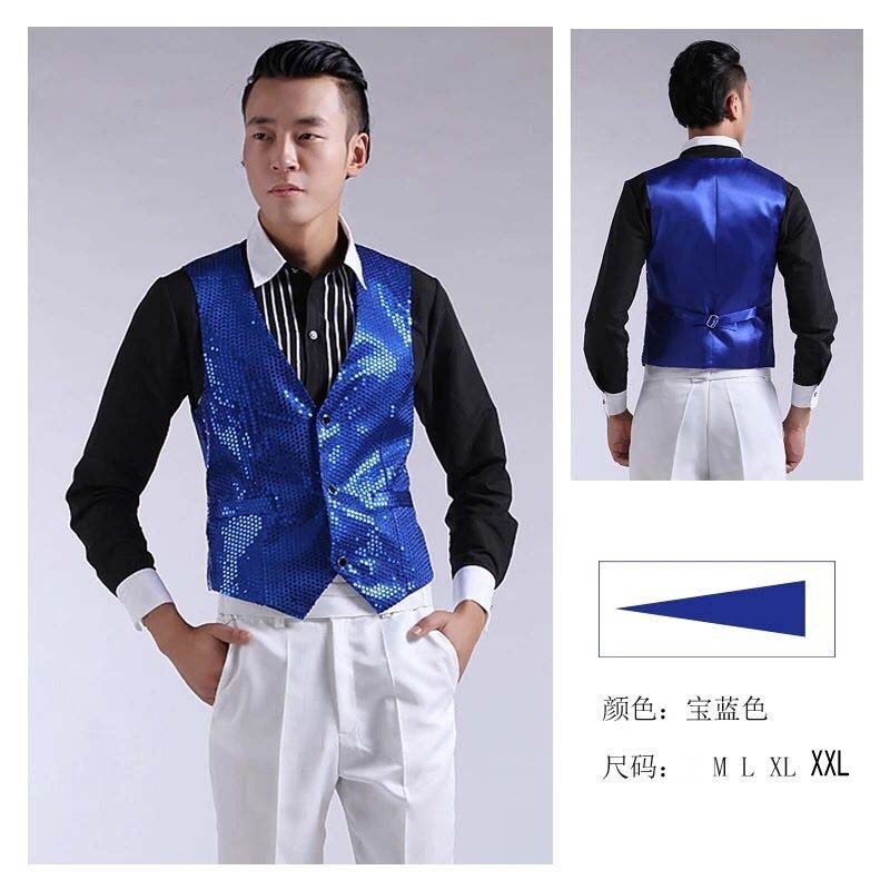 黑色亮片马甲舞蹈演出服舞台晚会大合唱表演服装白色马夹男装背心