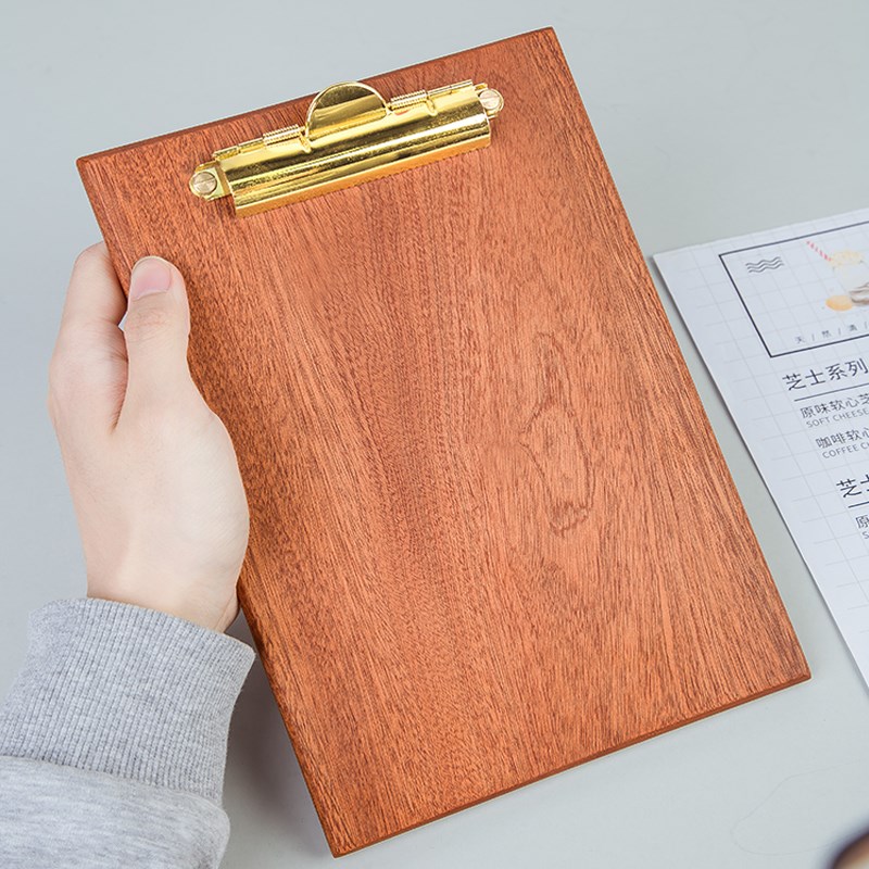 画板写字垫板活页夹A4A5菜单夹立式黑胡桃实木质黄铜咖啡店展示牌