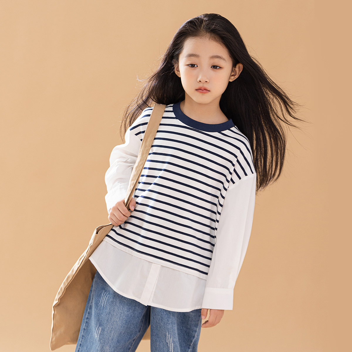 女童衬衫春秋季2023新款中大童长袖小女孩休闲洋气条纹假两件上衣