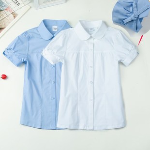 纯棉薄儿童浅蓝弹力衬衣小女孩小学生白色校服 夏季 女童白衬衫 短袖