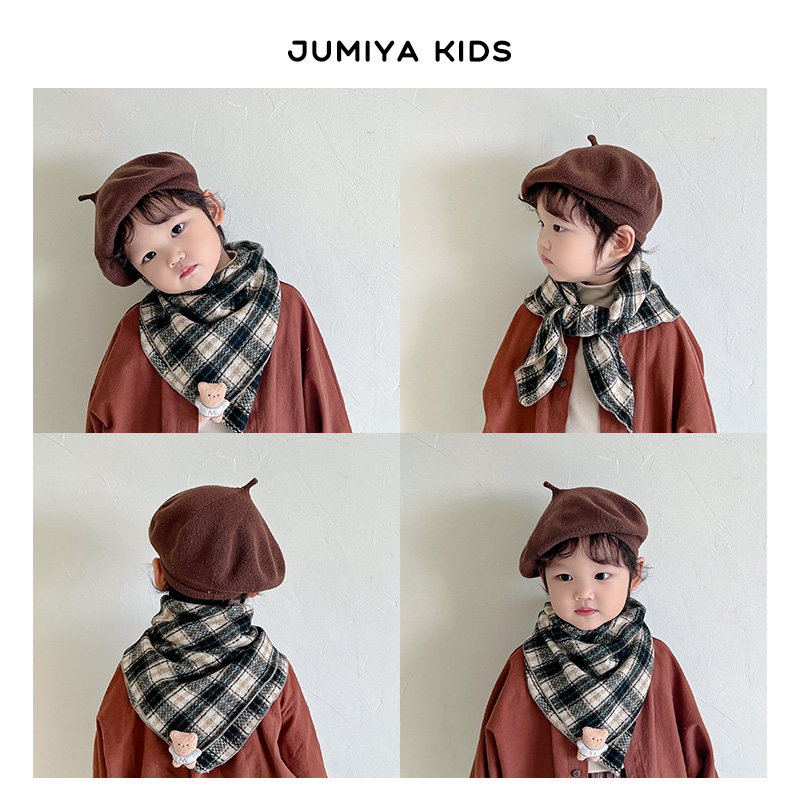 韩国儿童围巾男孩女童春秋纯棉宝宝围脖洋气1岁三角巾格子方巾潮