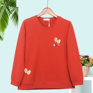 添依彩中老年妈妈女装秋装长袖宽松加肥加大T恤纯棉卫衣上衣