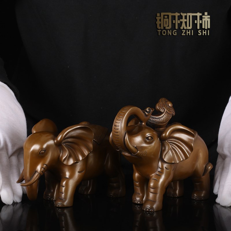 知柿纯紫铜财福大象工艺品办公室财务室大象摆件