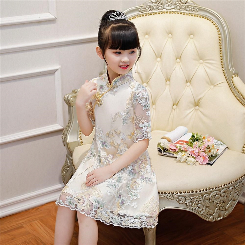 女童旗袍连衣裙夏儿童礼服公主裙古筝演出服女孩古装汉服2023新款
