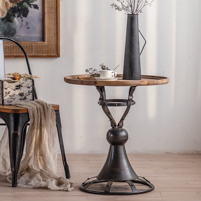 复古做旧铁艺黑色实木茶几美式乡村客厅餐厅边几角几小圆形咖啡桌