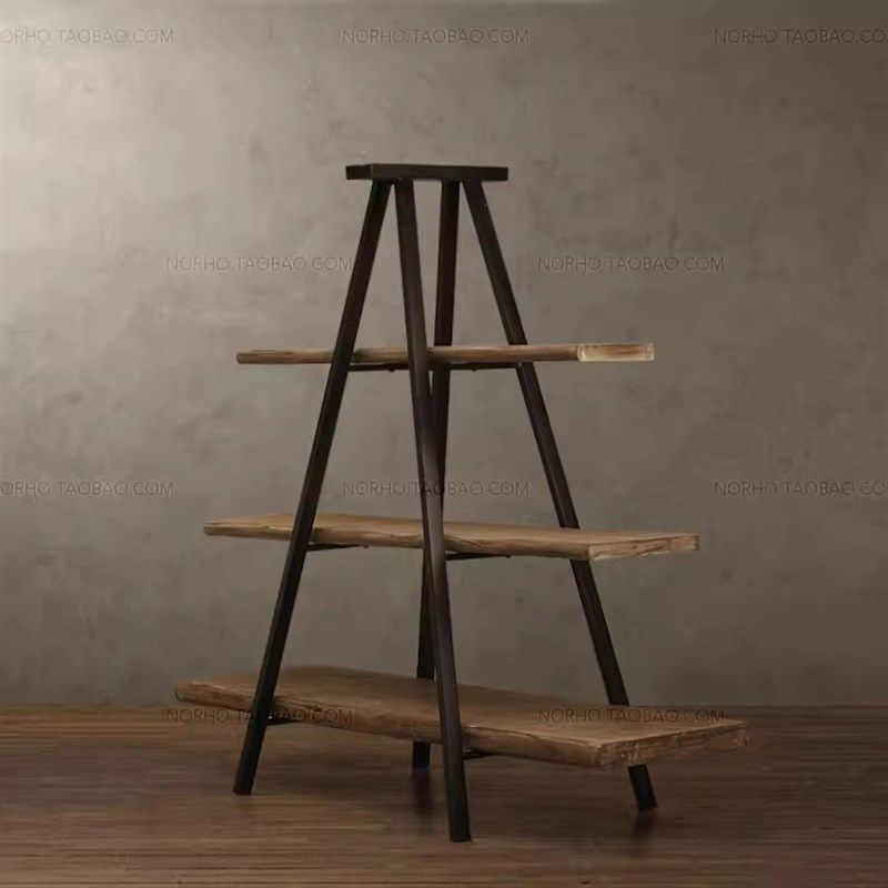美式实木置物架书架落地复古原木层板铁艺梯形多层陈列展示收纳架