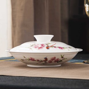 创意玫瑰花镶金边陶瓷家用骨瓷盘子深盘汤盘饭盘8英寸带盖合器盘