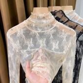 木耳边网纱打底衫 女春秋2024新款 女内搭上衣 高领蕾丝内搭小衫 薄款