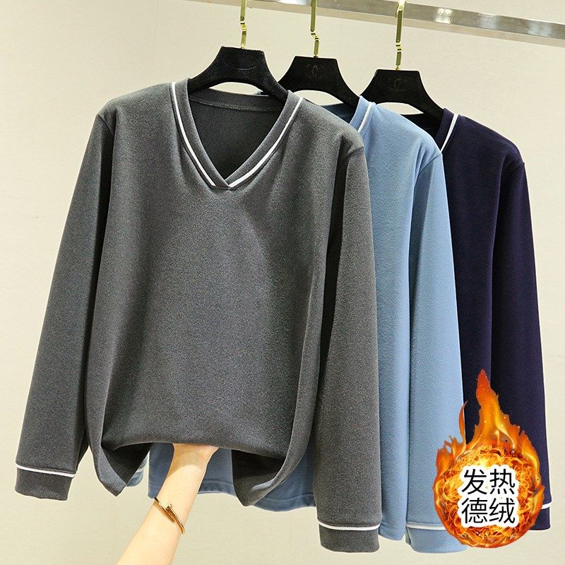 德绒保暖打底衫女冬宽松V领休闲t恤百搭纯棉睡衣加绒加厚长袖上衣