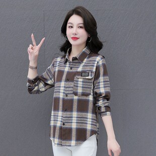 女春秋新款 薄款 长袖 夏季 全棉衬衣上衣女 休闲宽松大码 纯棉格子衬衫