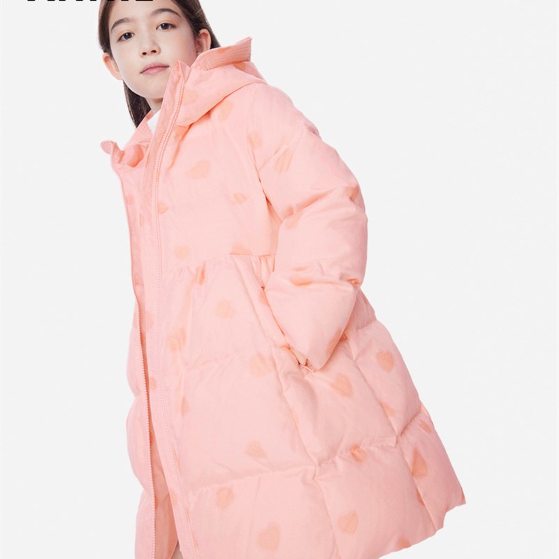 安奈儿女童装长款羽绒服冬季款甜美爱心加厚保暖连帽拉炼外套