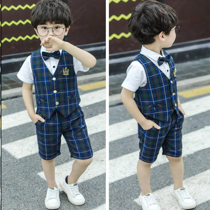 男童2020新款夏季短袖花童礼服中小童英伦风格子马甲西装三件套装