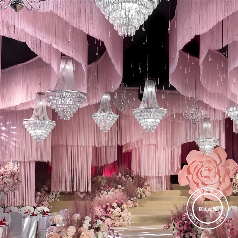 小清新粉色线帘婚庆加密婚礼氛围感舞台吊顶摩天轮效果流苏线帘