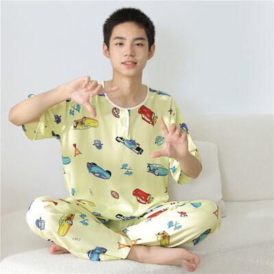 男童夏季薄款棉绸短袖长裤睡衣中大童12男孩儿童空调房家居服套装