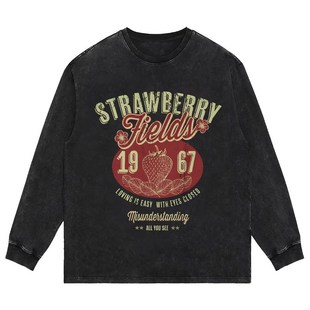 永远的草莓地 披头士乐队水洗做旧纯棉宽松圆领长短袖t恤男女卫衣