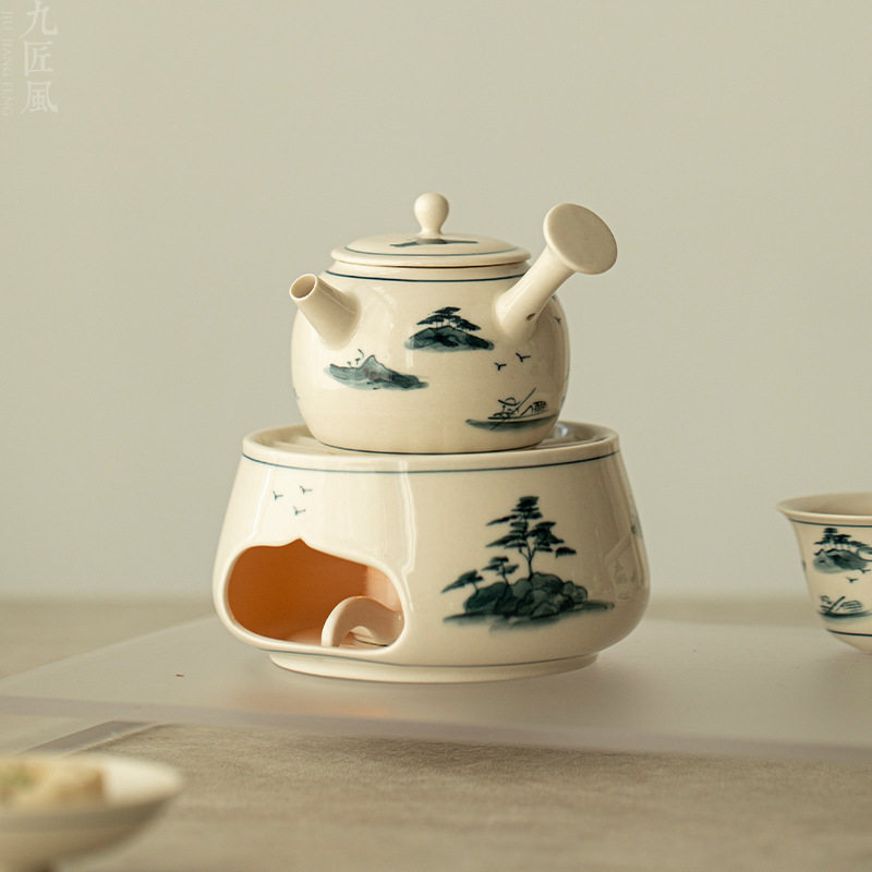 手绘茶壶草木灰釉下彩山水侧把壶温茶炉蜡烛加热茶台陶瓷泡茶器