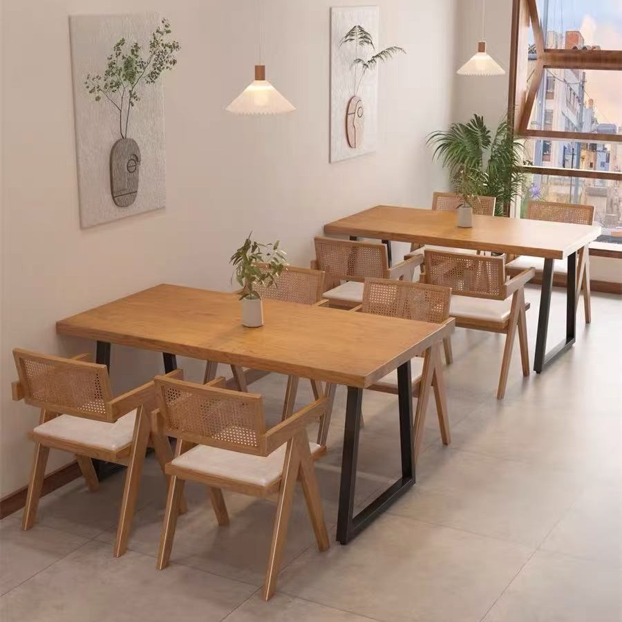 饭店实木餐桌椅组合日式料理店烤肉店西餐厅快餐店休闲长方形桌子