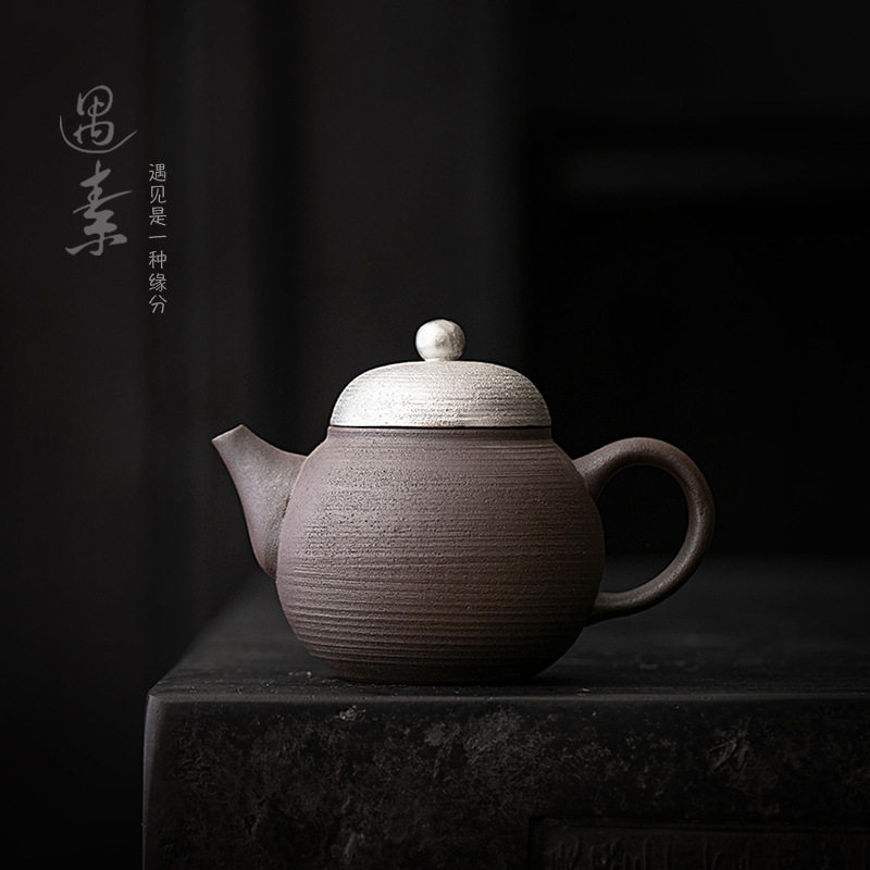 复古粗陶茶壶老岩泥茶水壶单个泡茶壶陶瓷家用鎏银陶壶小号手抓壶