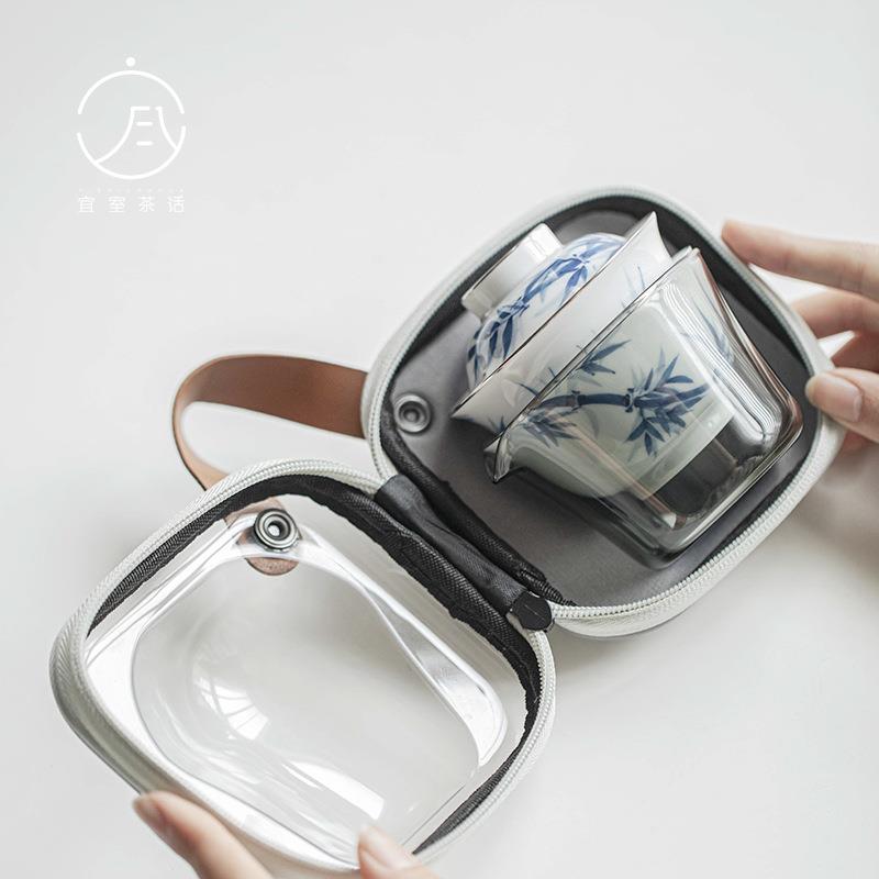 手绘青花竹子旅行茶具快客杯户外随身便携一壶一杯陶瓷茶具套装