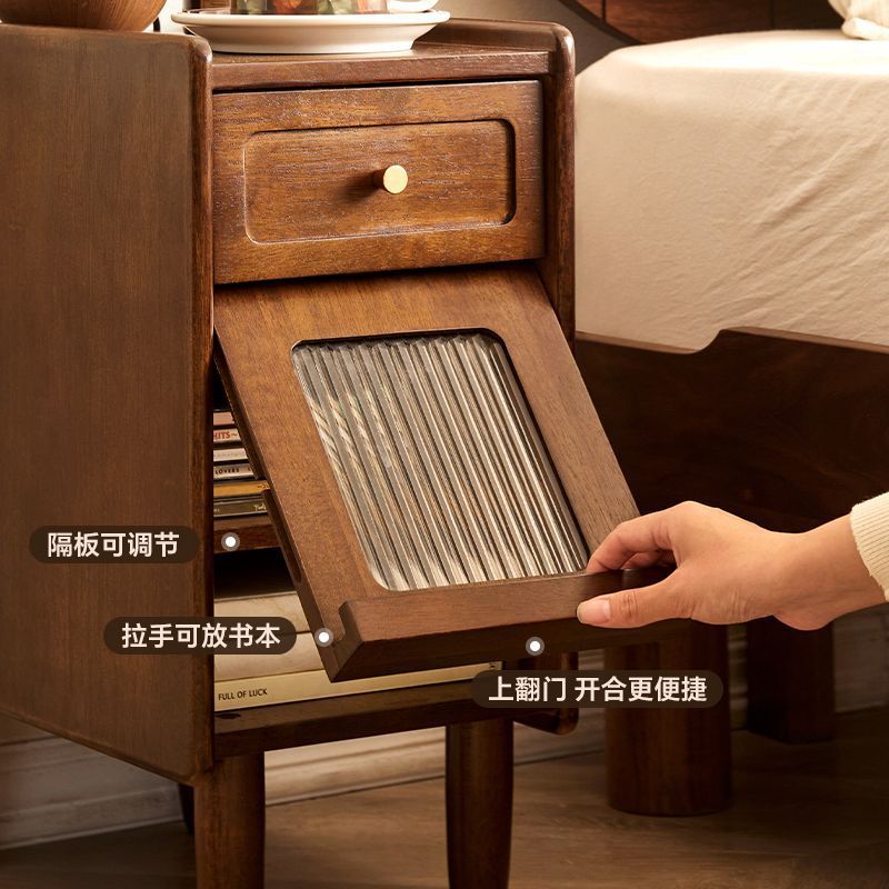 橡胶木床头柜原木风现代简约家用小户型床边柜卧室收纳储物夹缝柜