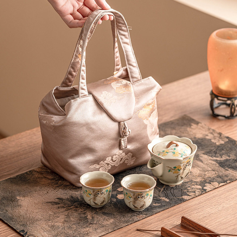 厂家汝瓷萌猫旅行茶具便携式陶瓷茶壶茶杯户外泡茶一壶两杯小套装