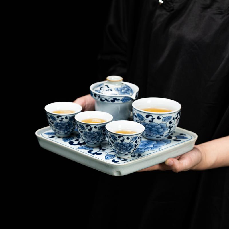 便携式旅行茶具套装青花缠枝莲陶瓷快客杯一壶四杯随身露营泡茶壶