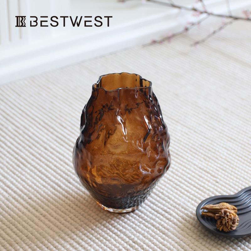 bestwest中古不规则大肚玻璃花瓶软装酒店客厅桌面工艺品插花新品