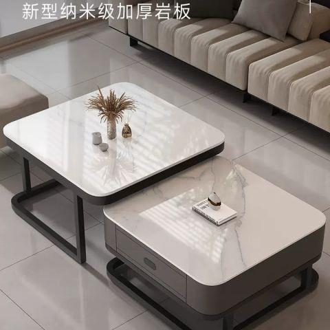 岩板亮光方形玻璃茶几艺术客厅家用简约创意小户型轻奢现代茶桌