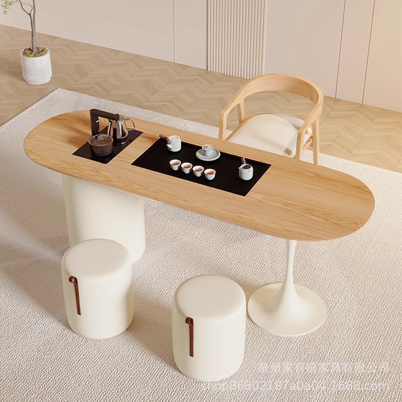 奶油风实木茶桌椅组合现代简约家用阳台小户型泡茶台办公室大板桌