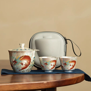 周鸿杰手工鎏银龙腾盛世旅行茶具装一壶两杯高档户外便携式快客杯