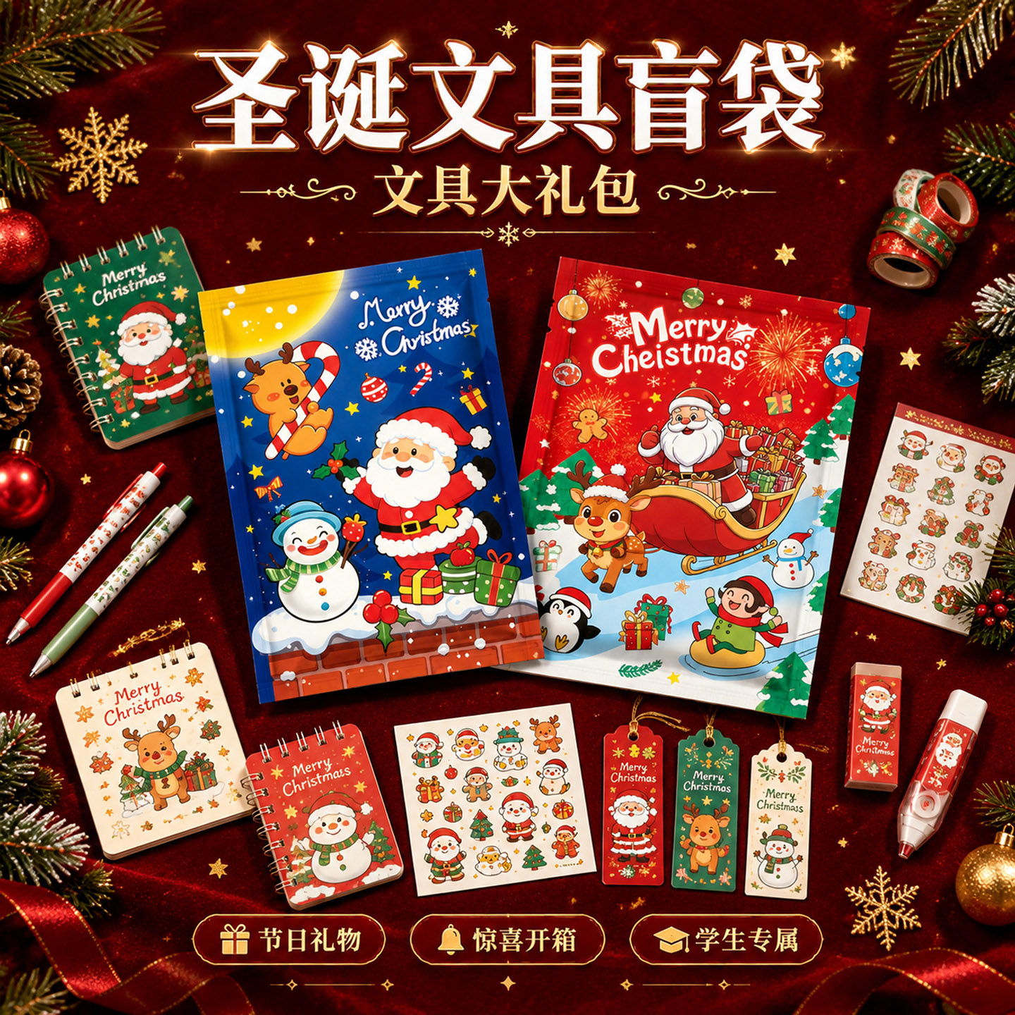 圣诞盲袋文具盲盒大礼包圣诞节奖励小朋友的精美小礼品激励送幼儿园儿童小朋友的生日礼物可爱卡通简约实用
