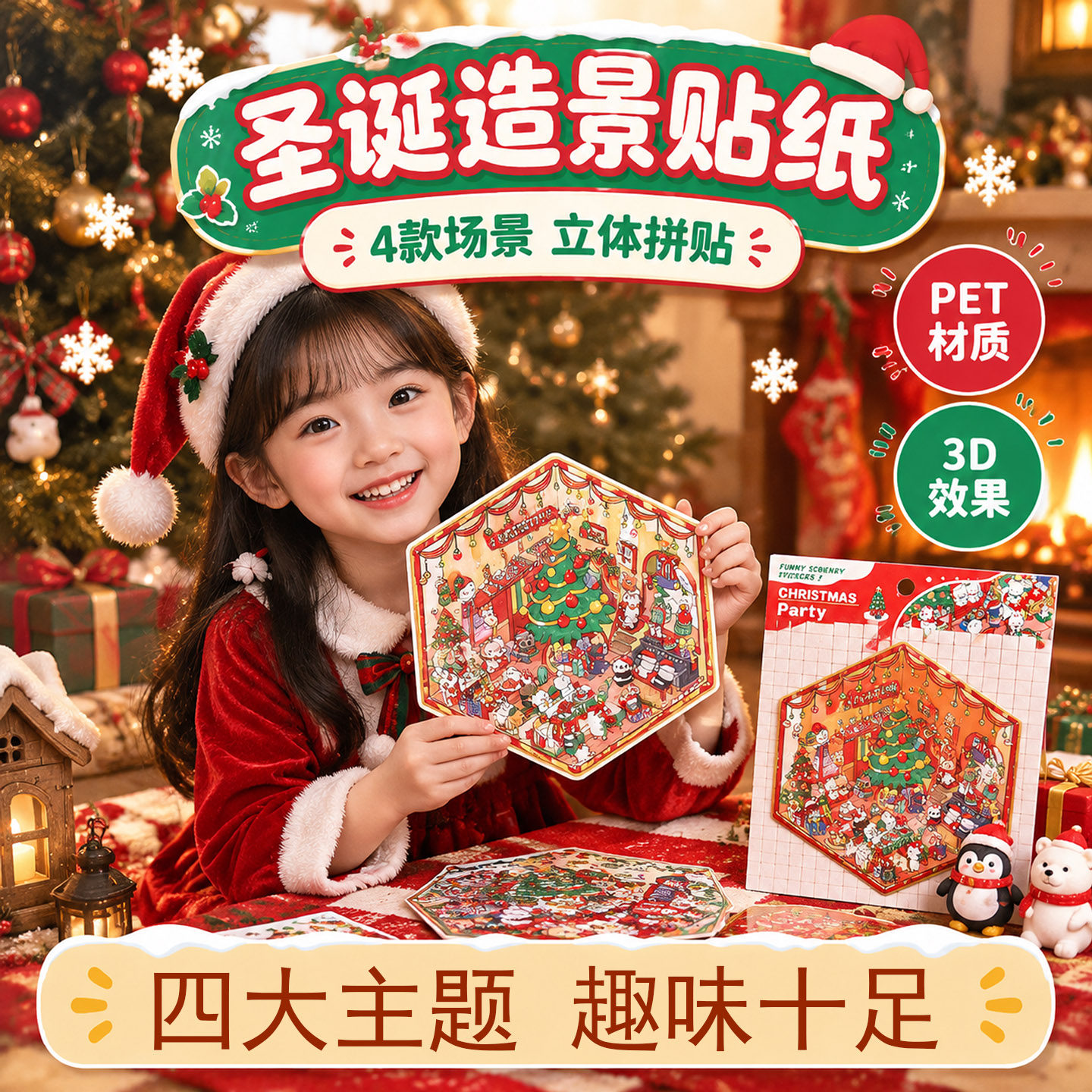 圣诞节造景贴纸3D立体微缩场景小屋贴纸小学生奖励小礼品全班奖品儿童圣诞贴画儿童解闷玩具精致迷你diy手账