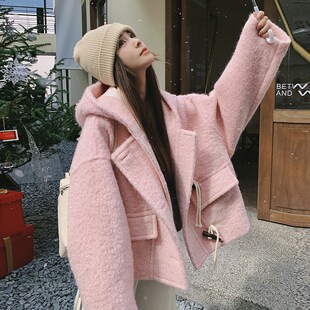 呢子牛角扣大衣 小个子加厚短款 粉色连帽毛呢外套女2024年冬季 新款