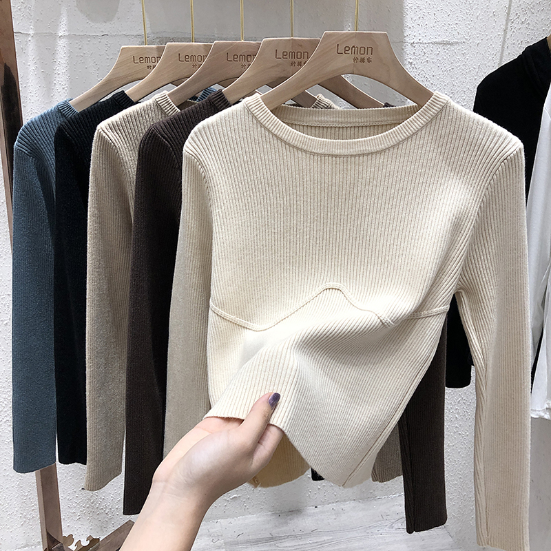 针织上衣女短款修身长袖T恤百搭黑色毛衣2021秋冬新款内搭打底衫