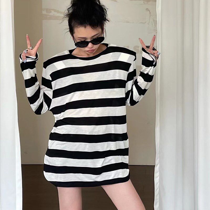 黑白条纹防晒衫女长袖薄款微透夏季清凉宽松长款遮屁股t恤女大码
