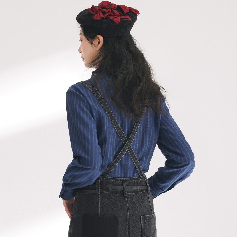 D-HARRY/迪哈利2024春季新款复古深蓝色条纹长袖衬衫DH241D96878D