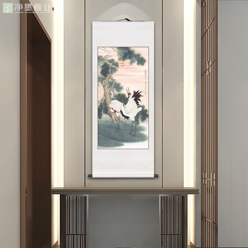 国画松鹤朝阳松树仙鹤墙壁画长寿延年餐厅客厅装饰画彷古卷轴立轴