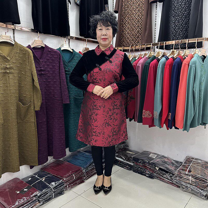 【年货新品】中年妈妈拼接时尚旗袍式连衣裙女小个子喜庆红色裙子
