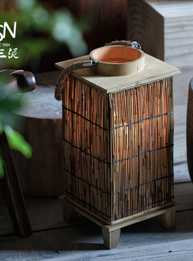 御三泥木质手提灯笼绳编竹编烛台夜灯烛光晚餐厅乡村摆件拍照道具