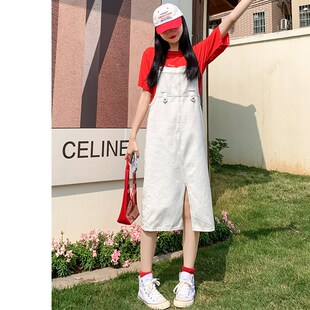 白色牛仔背带裙女夏季新款宽松遮肚显瘦小个子显高开叉连衣裙吊带
