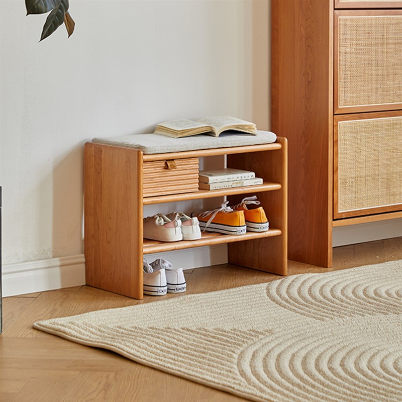 梦源家具北欧樱桃木实木换鞋凳家用入户门口可坐软包坐垫一体凳子